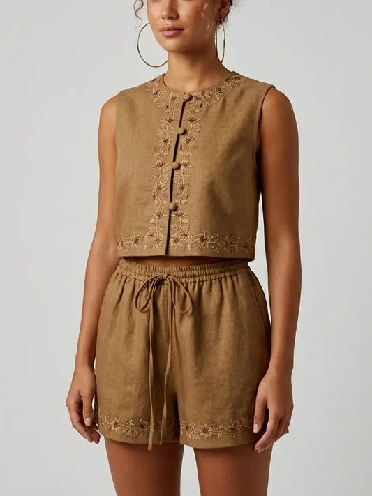 Embroidered Linen Top and Shorts Set - Suits & Sets