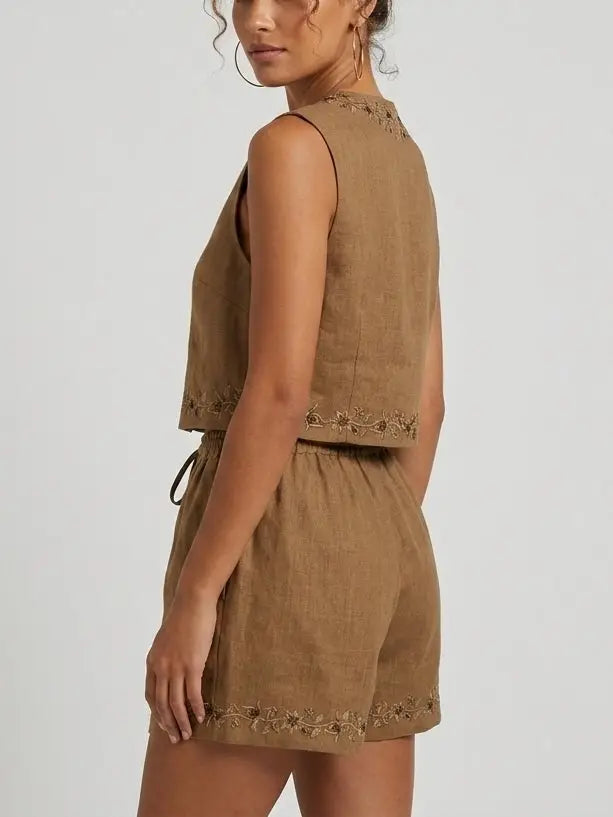 Embroidered Linen Top and Shorts Set - Suits & Sets