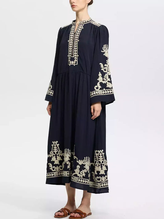 Embroidered Long-Sleeve Navy Midi Dress - Dresses