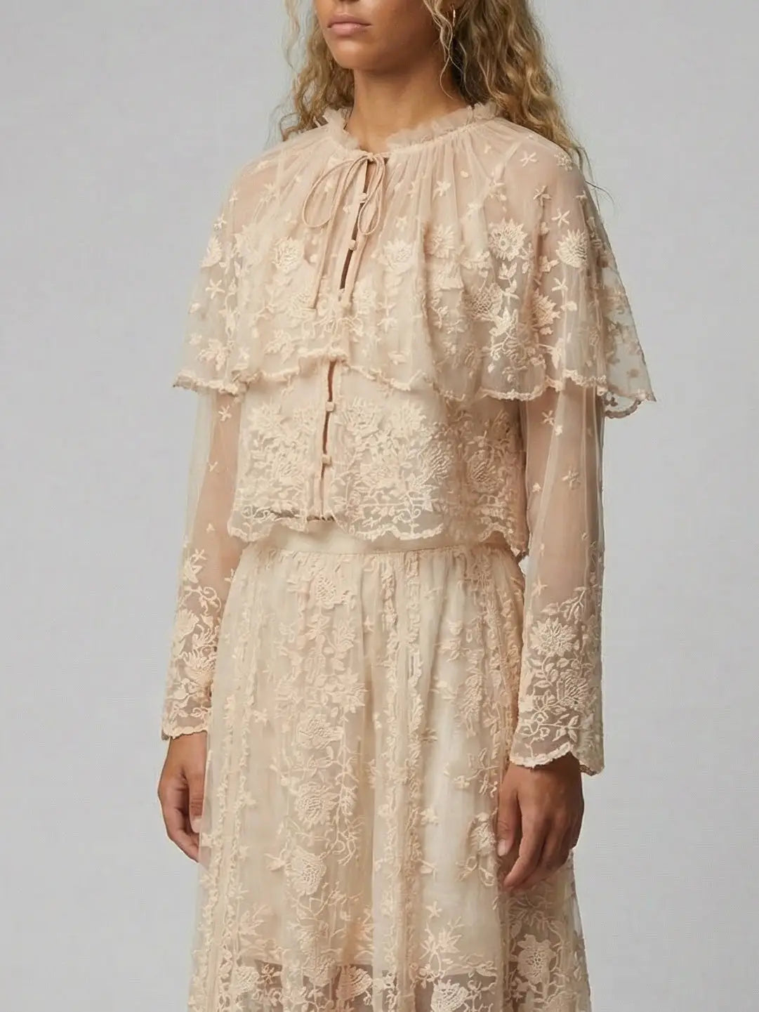 Embroidered Mesh Capelet Blouse - Tops