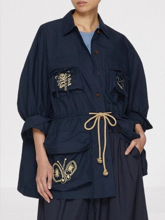 Embroidered Multi-Pocket Drawstring Trench Jacket - Jackets