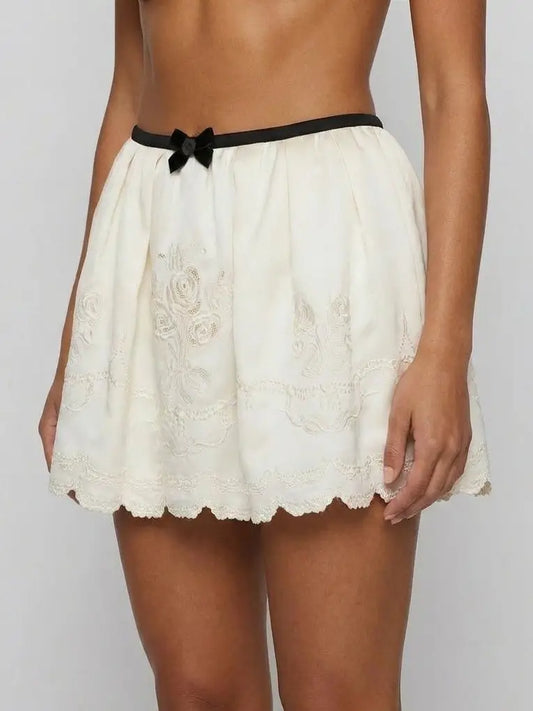Embroidered Scalloped Mini Skirt with Ribbon Bow - Skirts