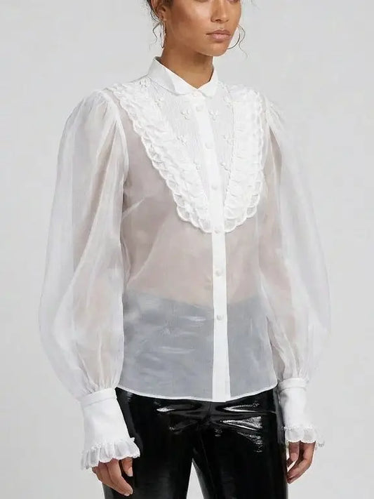 Embroidered Silk Organza Puff-Sleeve Blouse - Tops