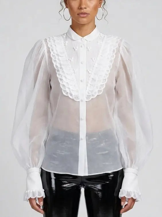 Embroidered Silk Organza Puff-Sleeve Blouse - Tops