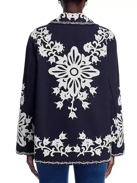 Embroidered Studded Jacket in Navy and White - Jackets