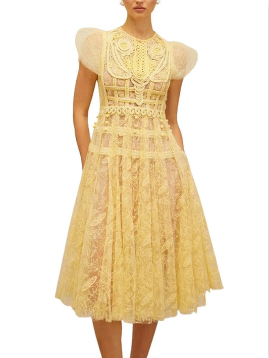 Embroidered Yellow Lace Fit and Flare Midi Dress - Dresses