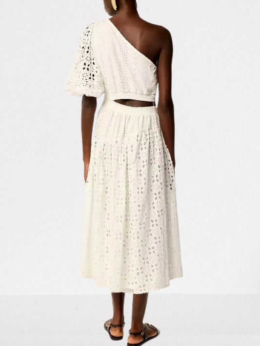 Eyelet Cut-Out One-Sleeve Open-Waist White Dress - Dresses
