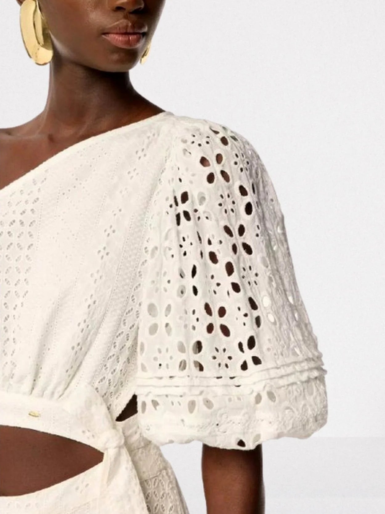 Eyelet Cut-Out One-Sleeve Open-Waist White Dress - Dresses