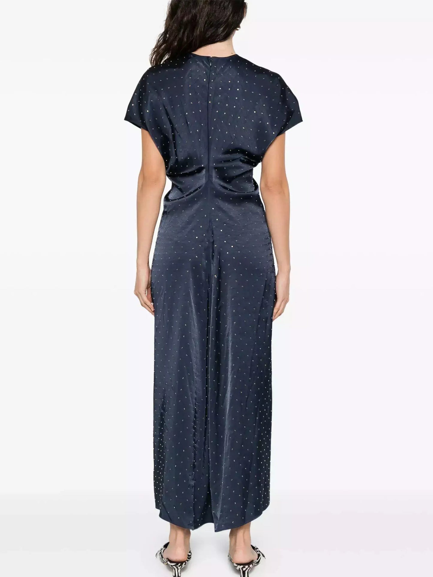 Eyelet Satin Short-Sleeve Dress in Navy Blue - Dresses