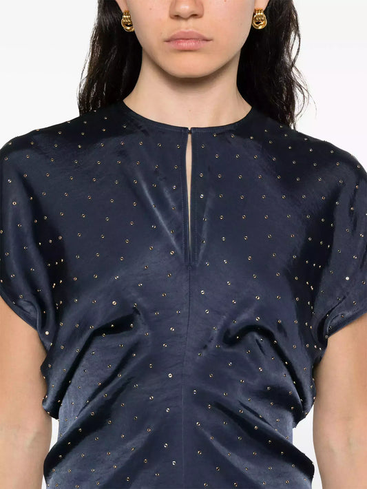 Eyelet Satin Short-Sleeve Dress in Navy Blue - Dresses