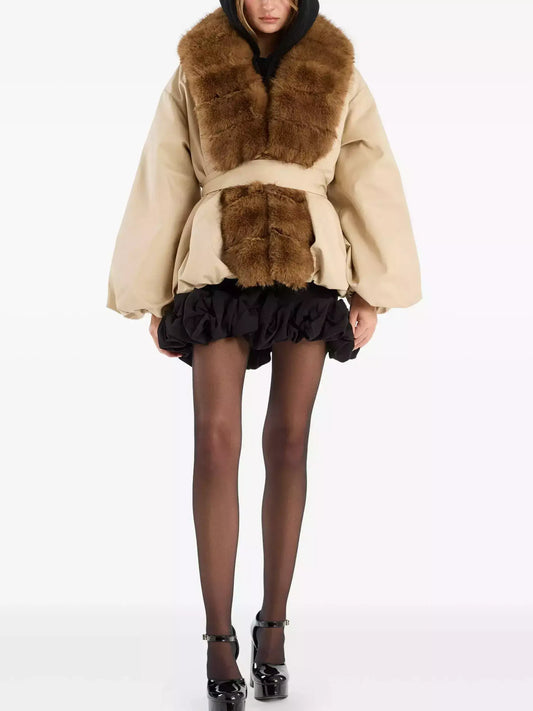 Faux-Fur-Trim Belted Beige Balloon Jacket - Jackets