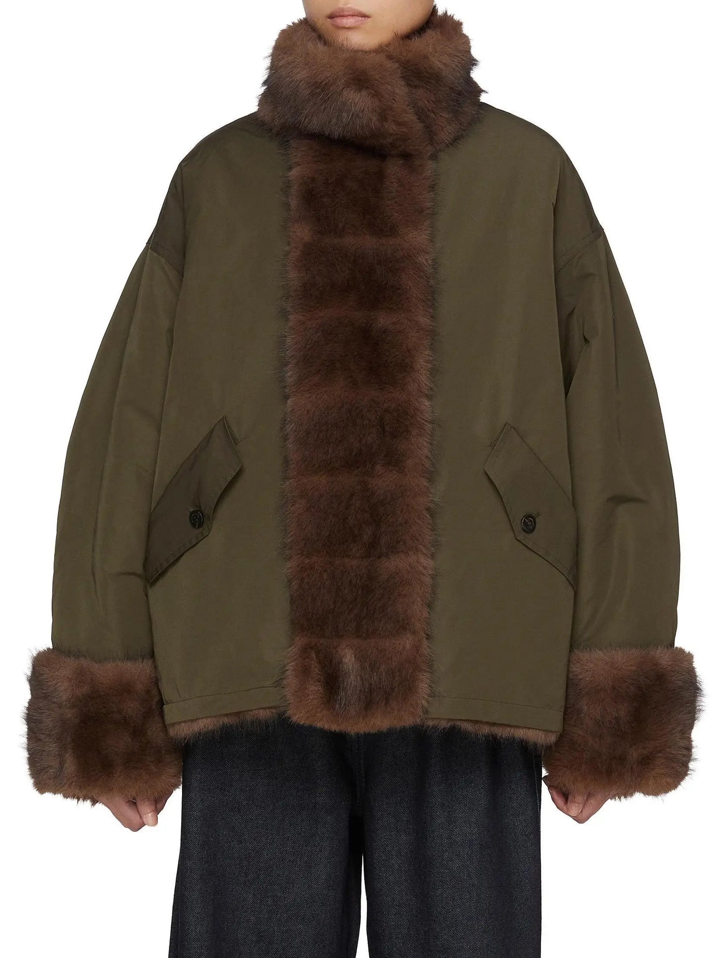 Faux-Fur Lined and Trimmed Oversize Green Jacket - Small - Jackets
