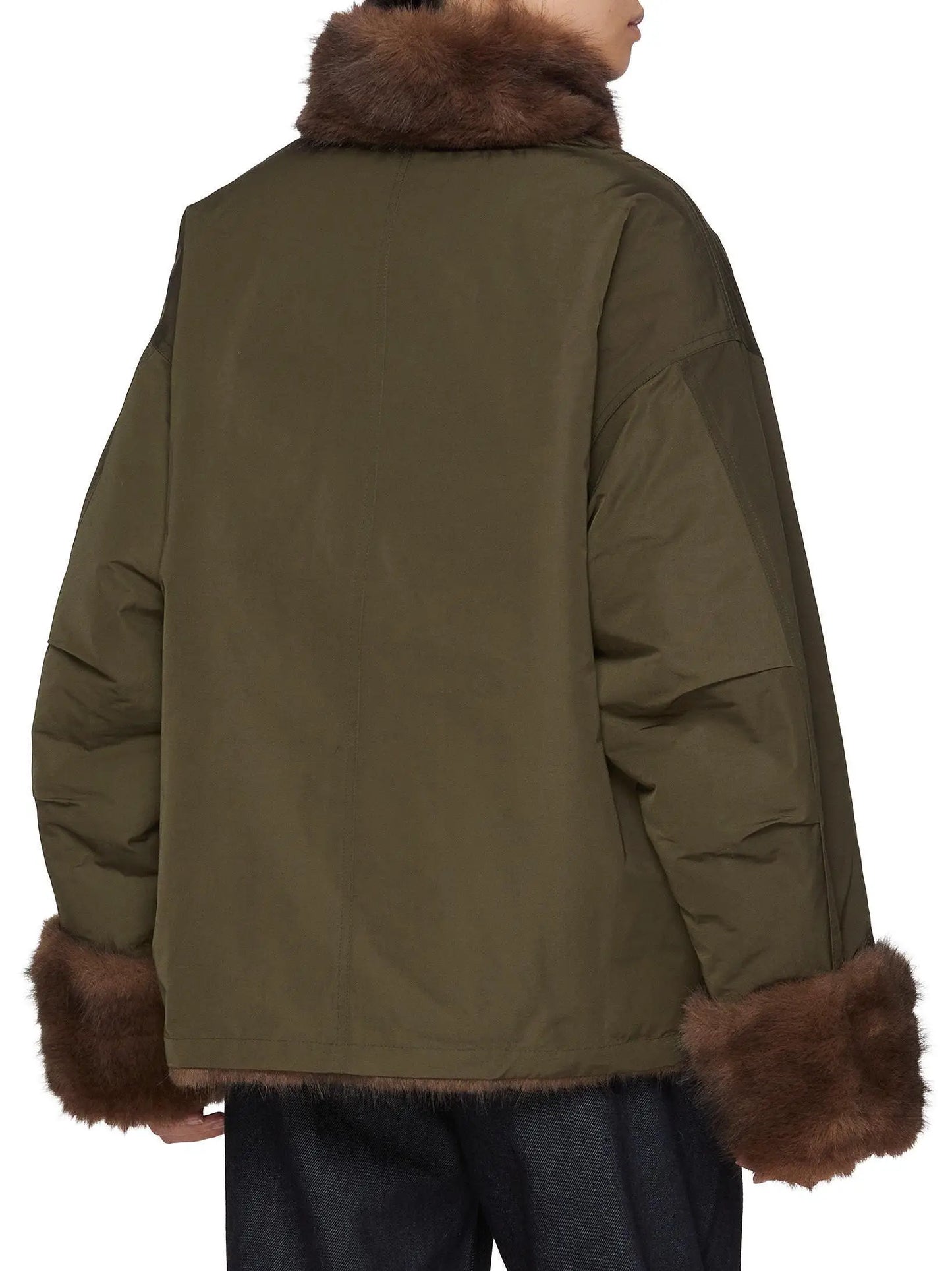 Faux-Fur Lined and Trimmed Oversize Green Jacket - Jackets