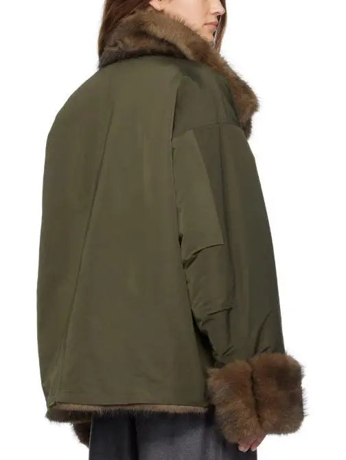 Faux-Fur Lined and Trimmed Oversize Green Jacket - Jackets
