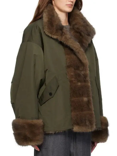 Faux-Fur Lined and Trimmed Oversize Green Jacket - Jackets