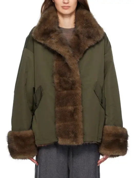 Faux-Fur Lined and Trimmed Oversize Green Jacket - Jackets