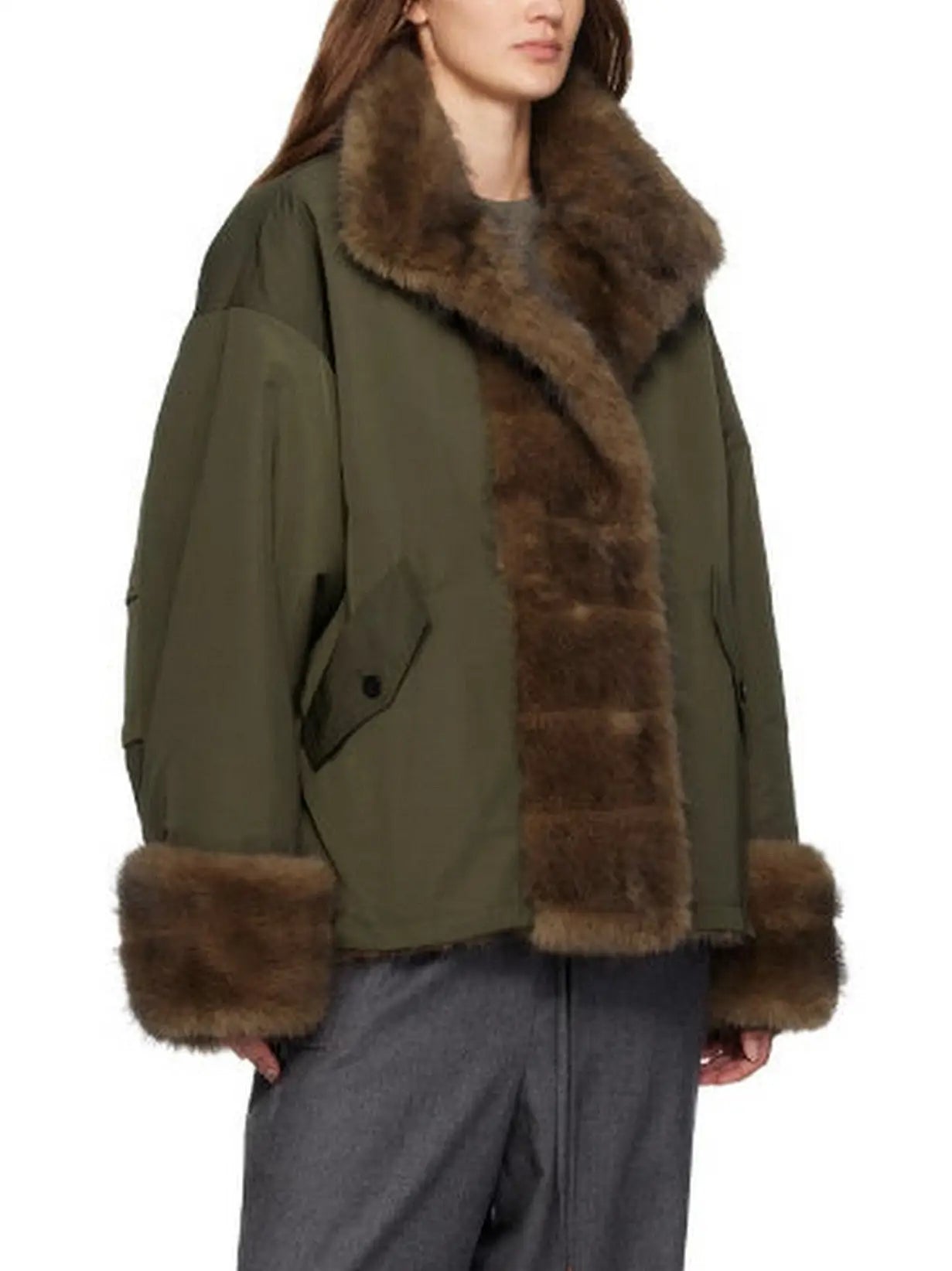 Faux-Fur Lined and Trimmed Oversize Green Jacket - Jackets