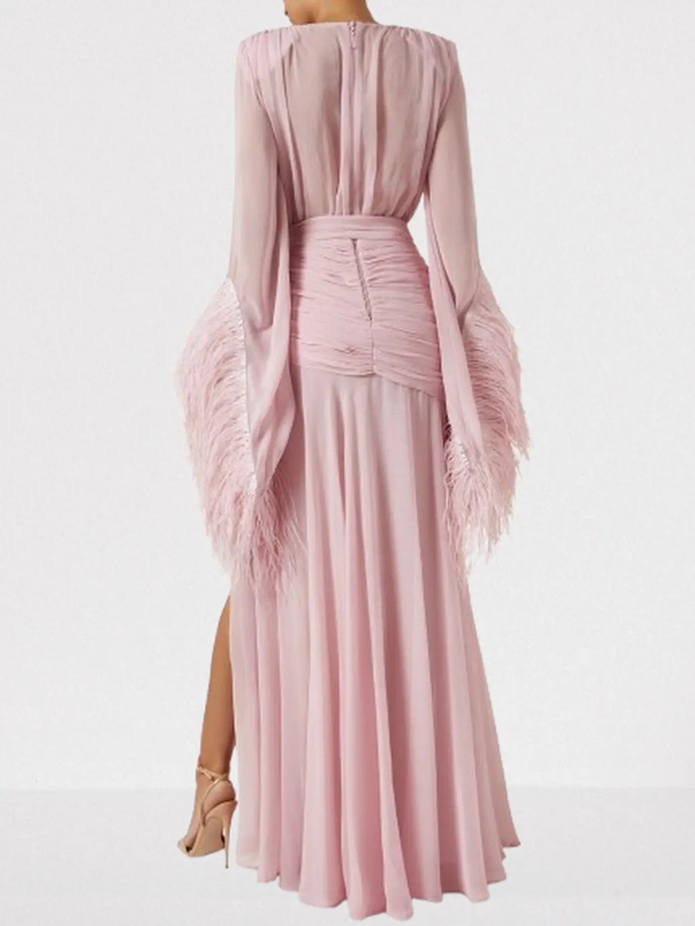 Feather-Trim Gathered V-Neck Gown - Dresses