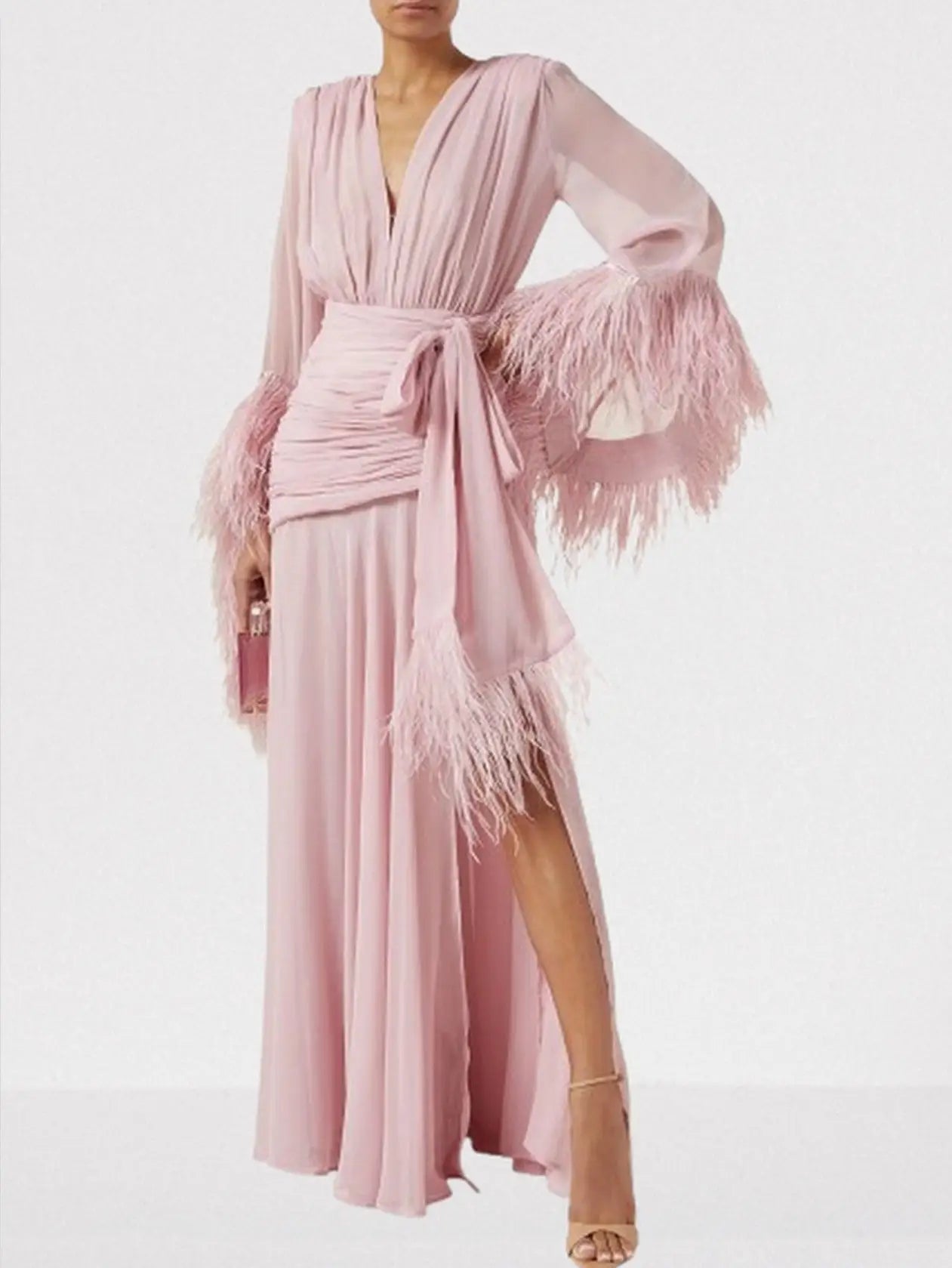 Feather-Trim Gathered V-Neck Gown - Dresses