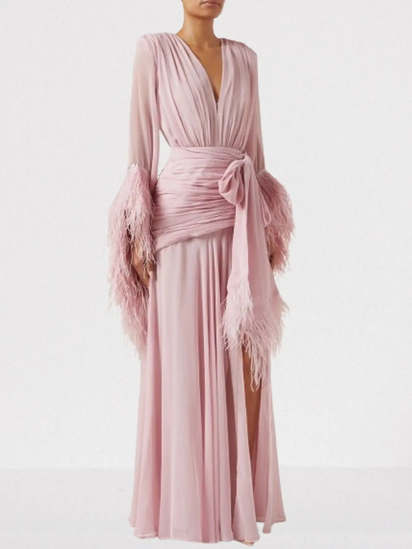 Feather-Trim Gathered V-Neck Gown - XS / Light Pink - Dresses