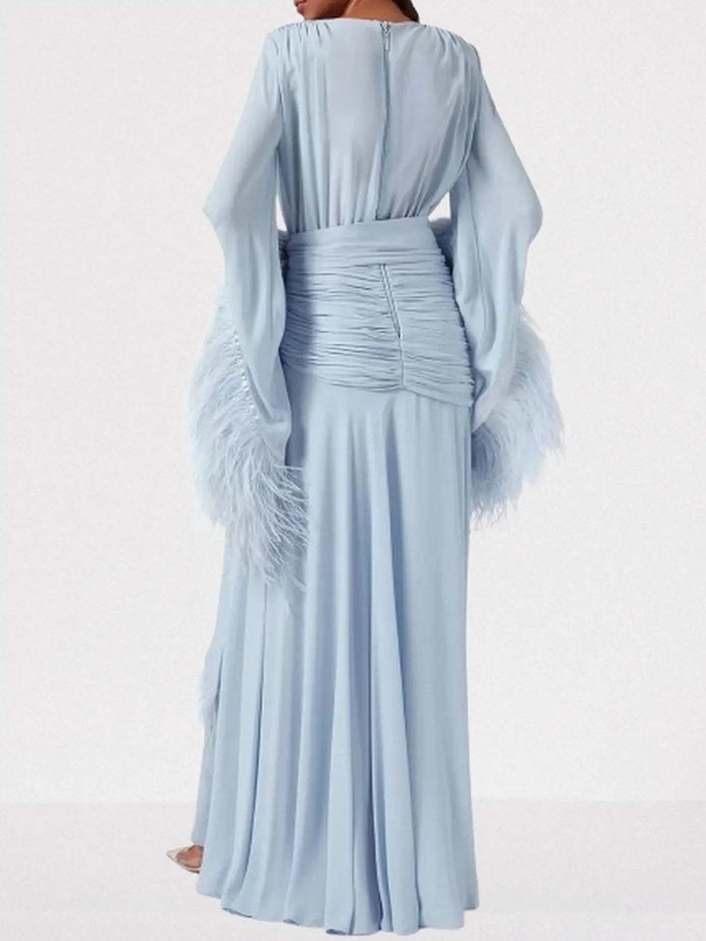 Feather-Trim Gathered V-Neck Gown - Dresses