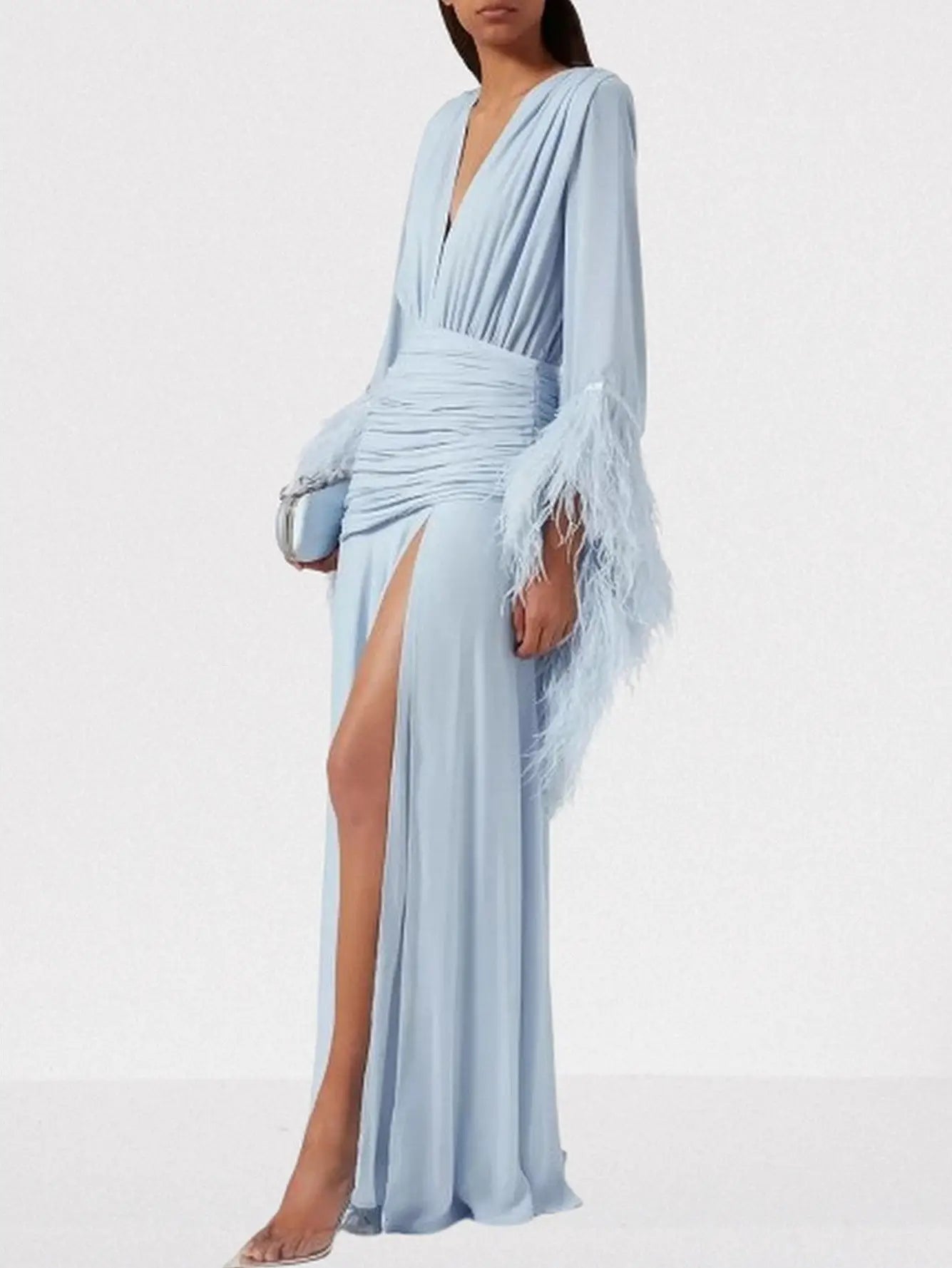 Feather-Trim Gathered V-Neck Gown - Dresses