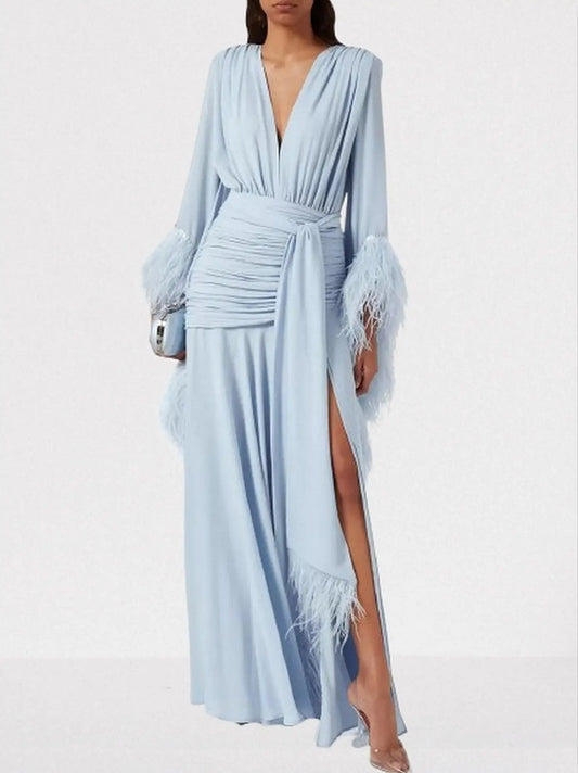 Feather-Trim Gathered V-Neck Gown - Dresses