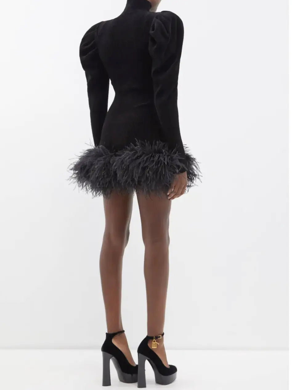 Feather-Trim Puff-Sleeve Rib Knit Mini Dress - Dresses