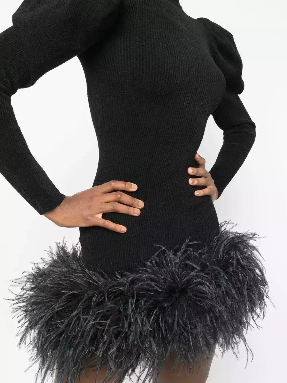 Feather-Trim Puff-Sleeve Rib Knit Mini Dress - Dresses