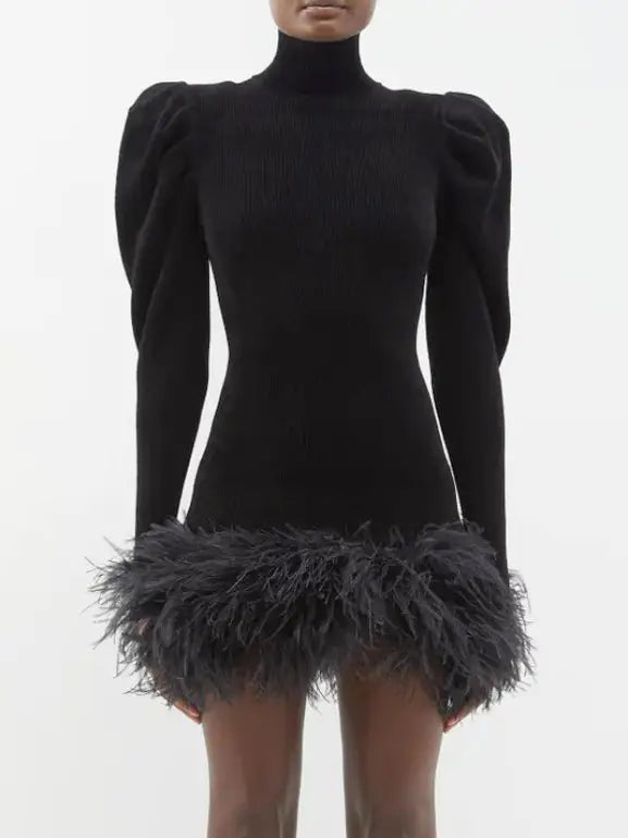 Feather-Trim Puff-Sleeve Rib Knit Mini Dress - Dresses