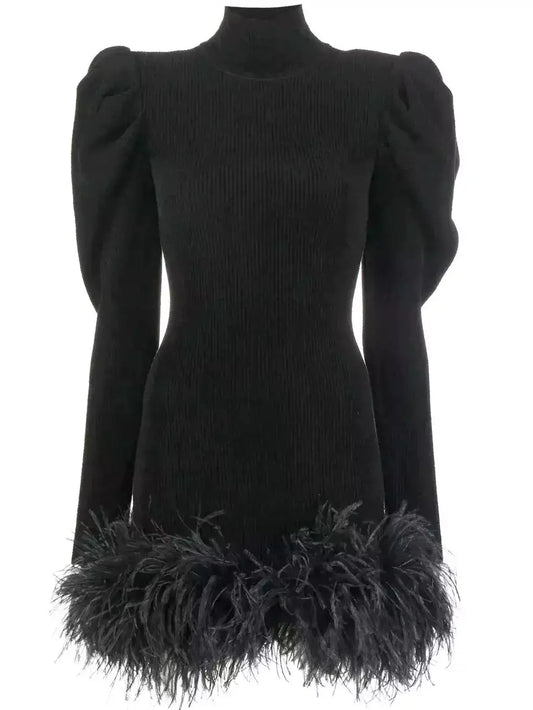 Feather-Trim Puff-Sleeve Rib Knit Mini Dress - Dresses