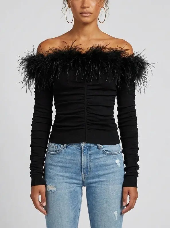 Feather Trim Off Shoulder Ruched Jersey Top in Black - Tops