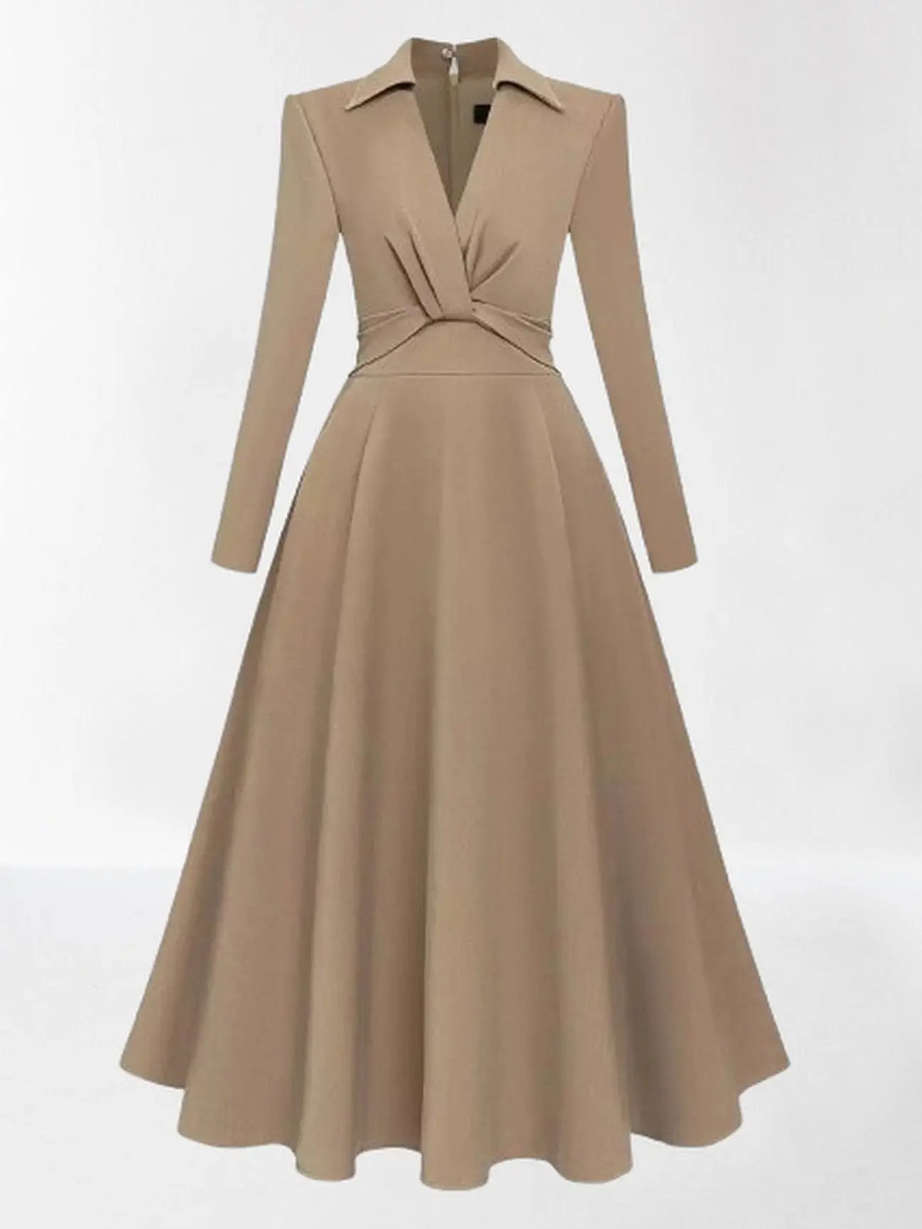 Fit and Flare V-Neck midi Dress in Khaki - Dresses