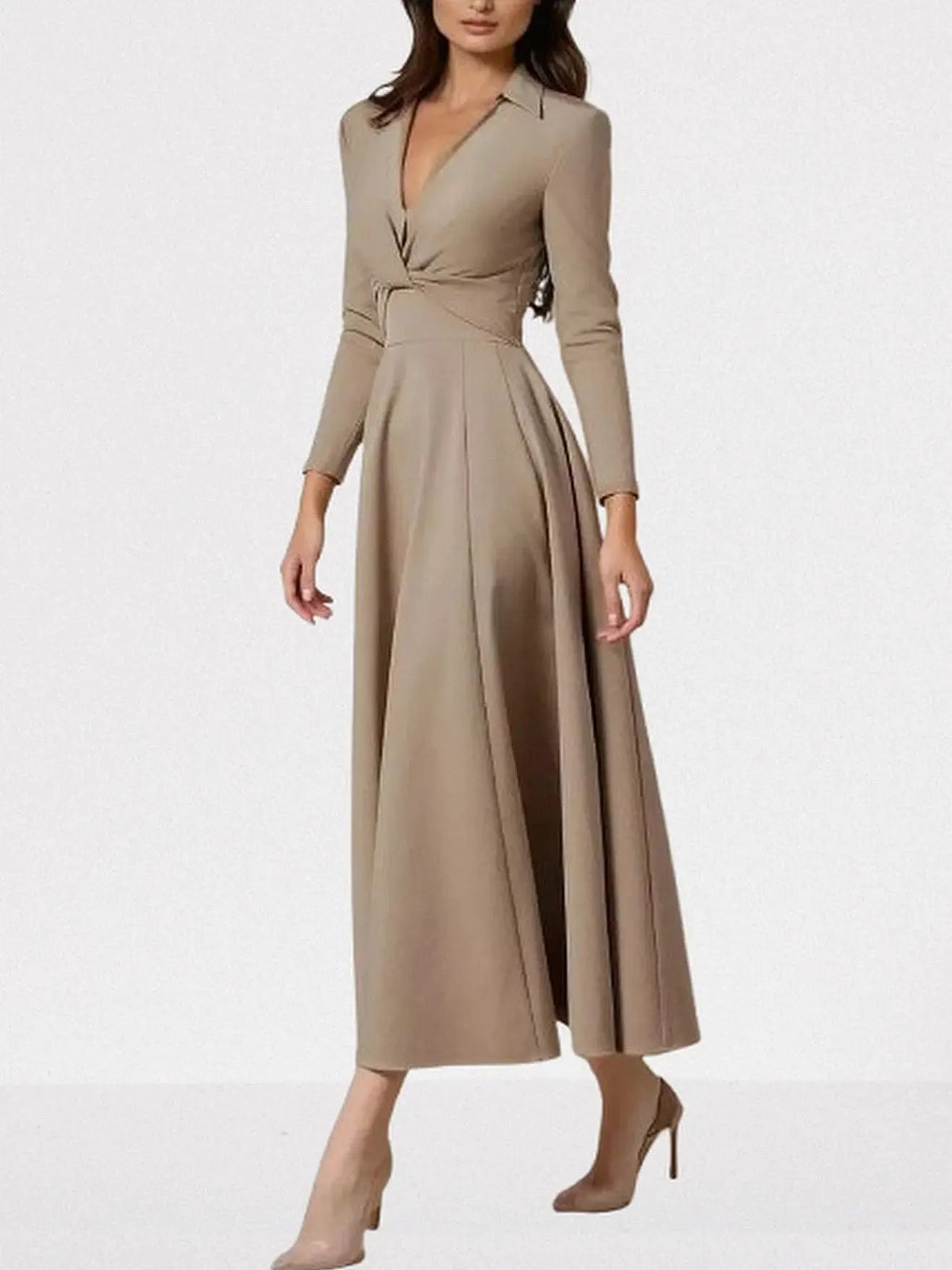 Fit and Flare V-Neck midi Dress in Khaki - Dresses