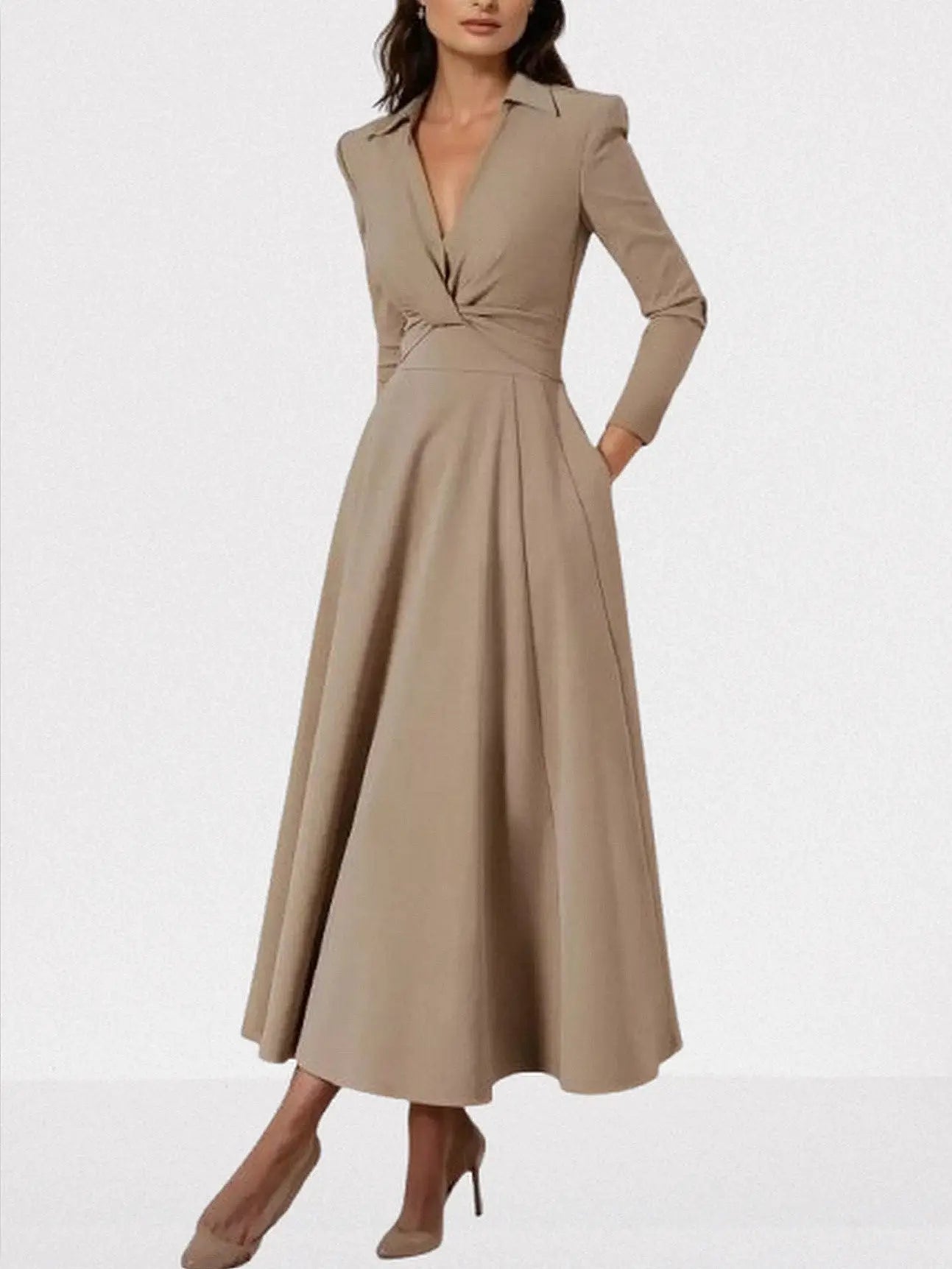 Fit and Flare V-Neck midi Dress in Khaki - Dresses