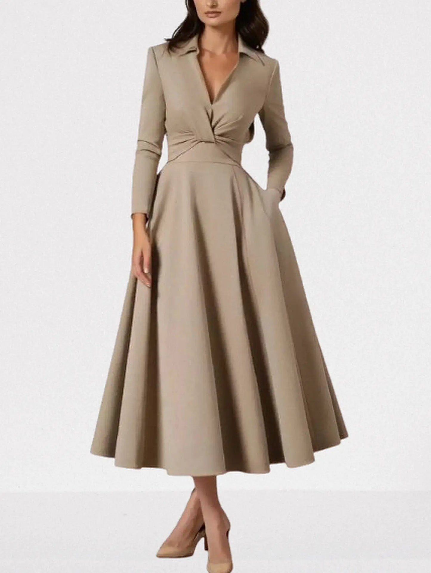 Fit and Flare V-Neck midi Dress in Khaki - Dresses