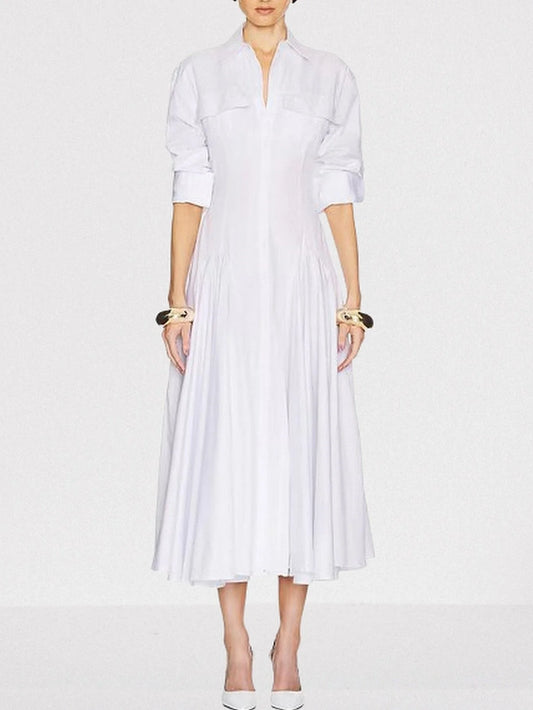 Fit and Flare White Pleated Mid Shirt-Dress - Dresses