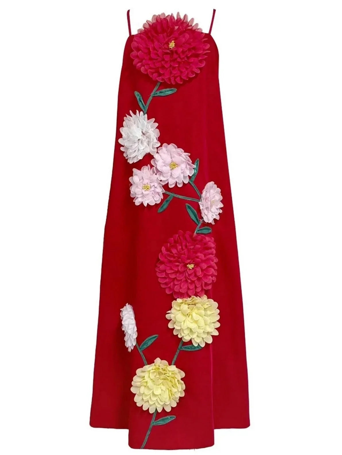 Floral Appliqued Sleeveless Maxi Dress S / Red
