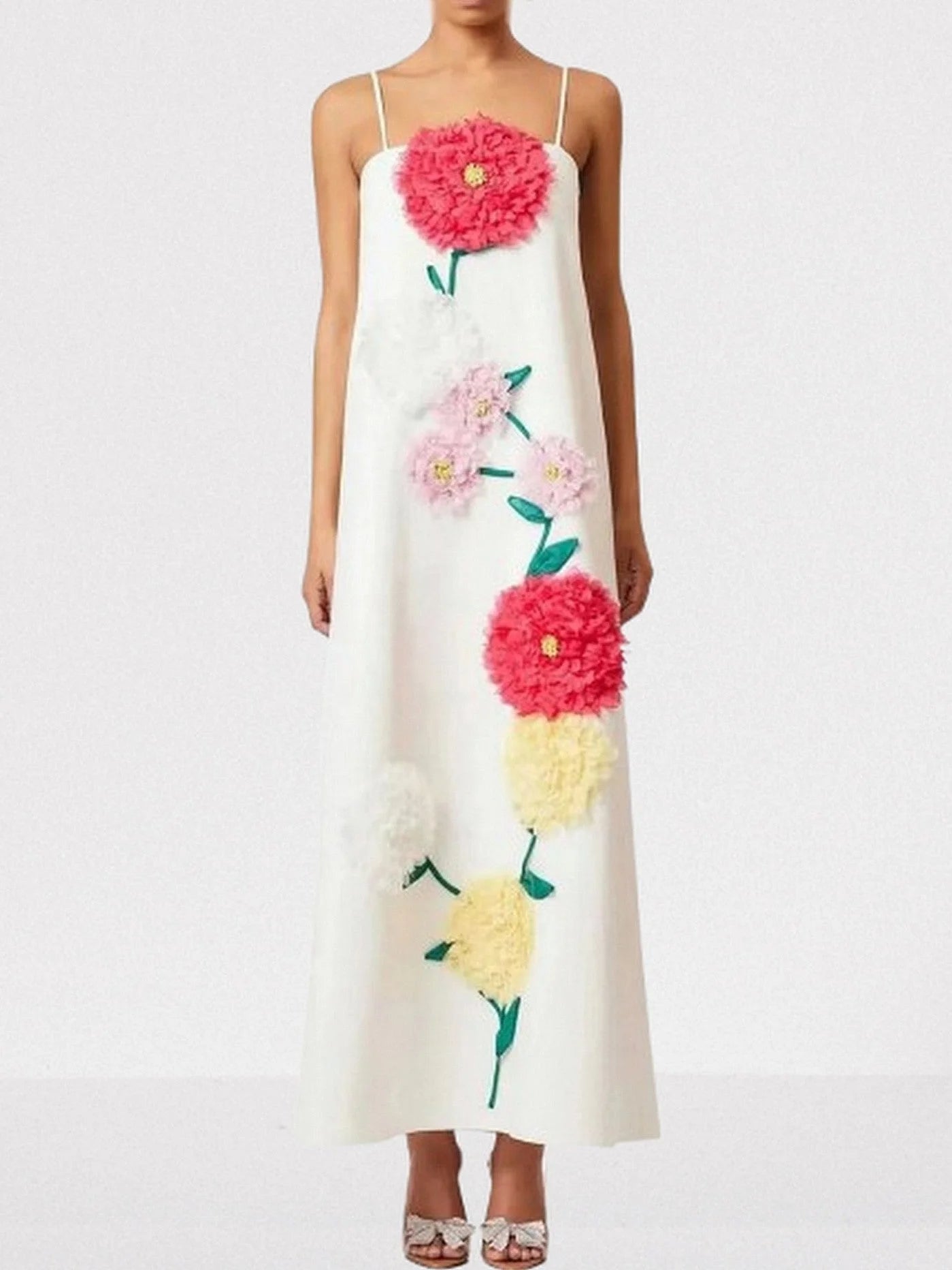 Floral Appliqued Sleeveless Maxi Dress S / White