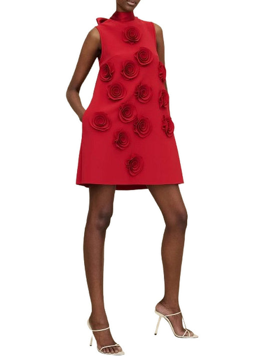 Floral-Appliqued Sleeveless Red Mini Dress