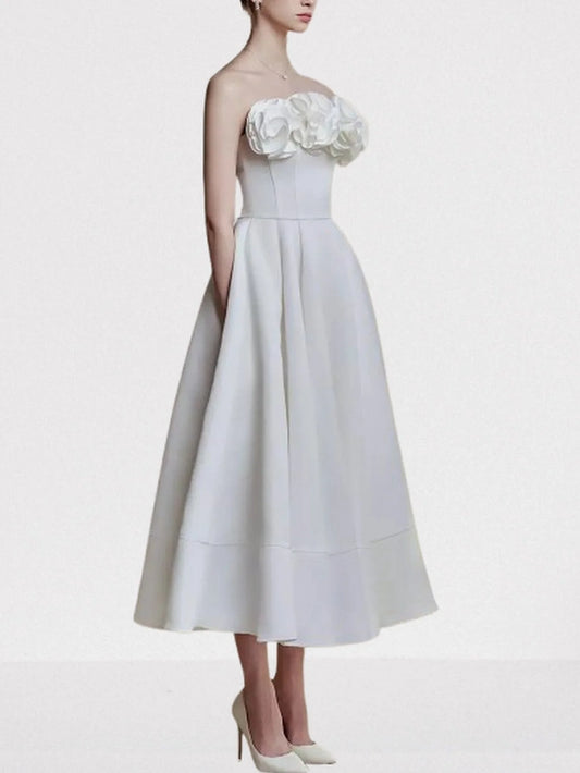 Floral Appliqued White Sleeveless Fit & Flare Dress Dresses