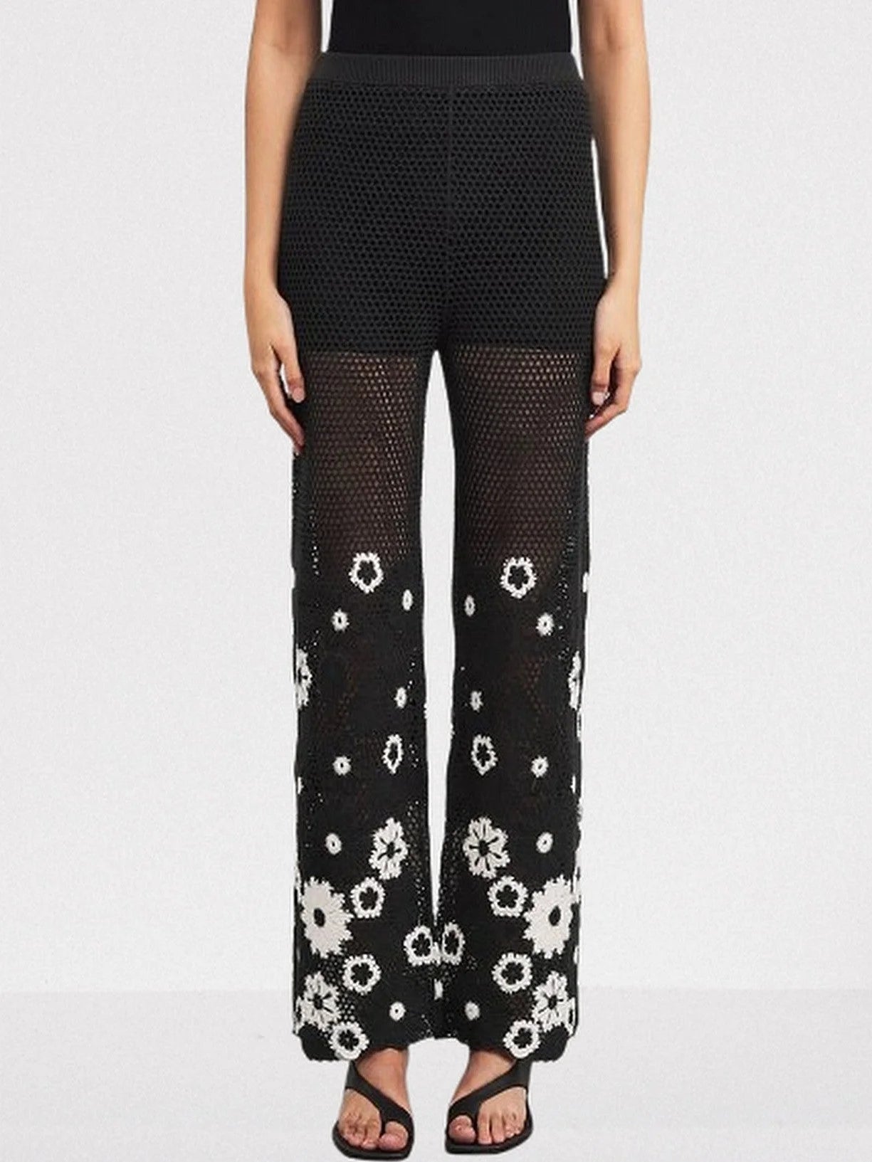Floral-Embroidered Crochet Knit Top and Pant Set - Suits & Sets