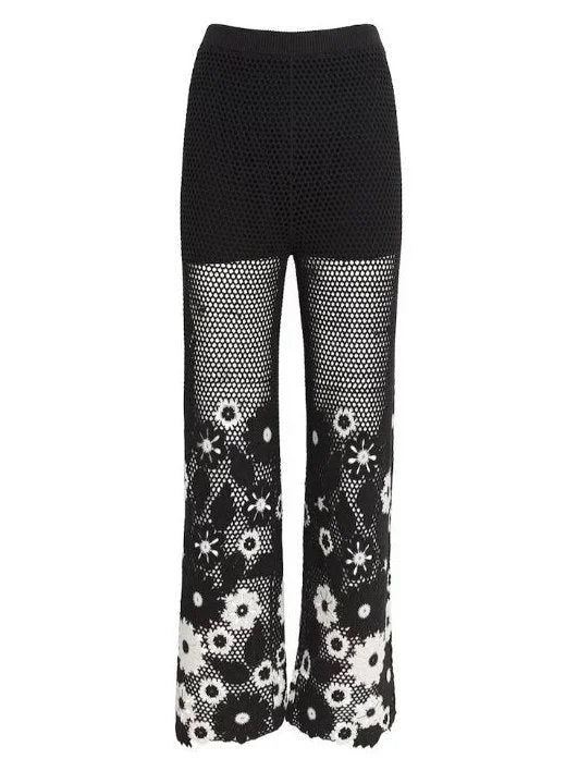 Floral-Embroidered Crochet Knit Top and Pant Set - Suits & Sets
