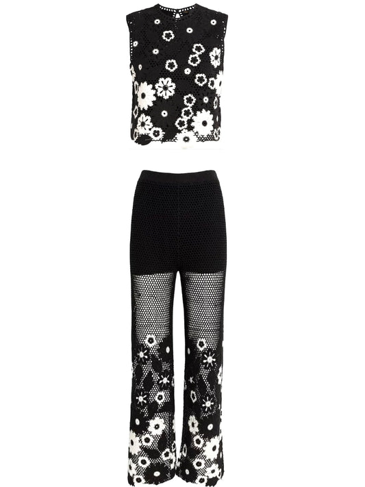 Floral-Embroidered Crochet Knit Top and Pant Set - Suits & Sets