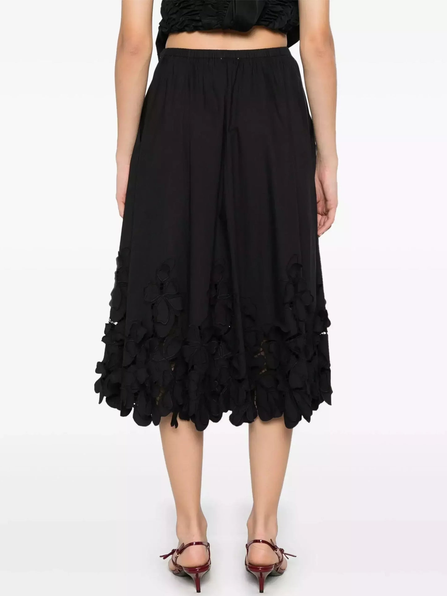 Floral-Embroidered Midi Skirt in Black - Skirts