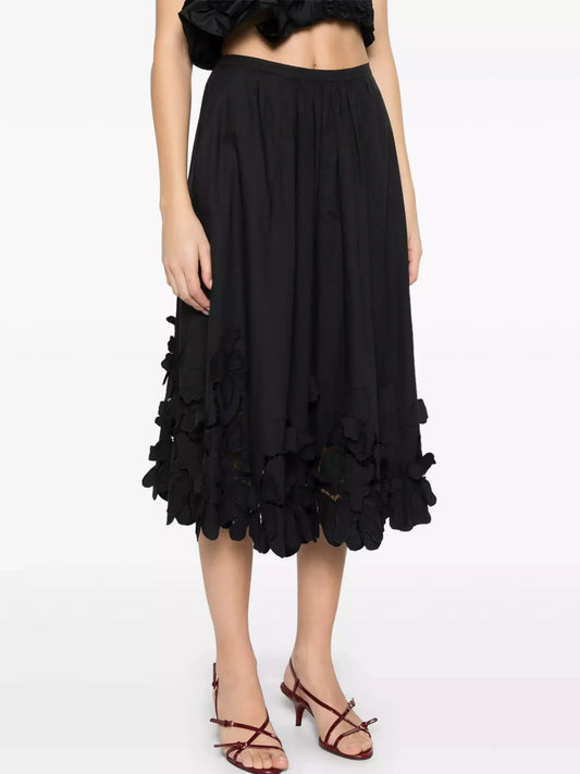 Floral-Embroidered Midi Skirt in Black - Skirts