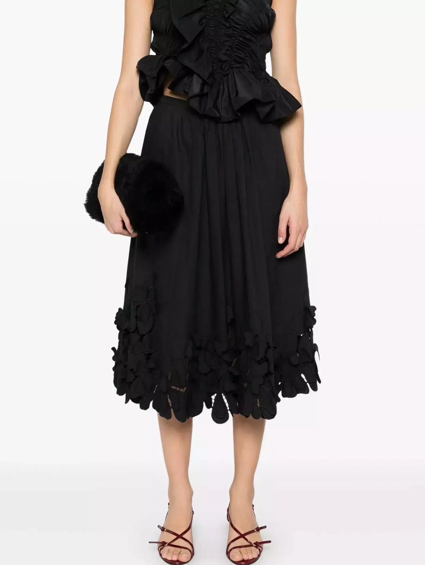 Floral-Embroidered Midi Skirt in Black - Skirts