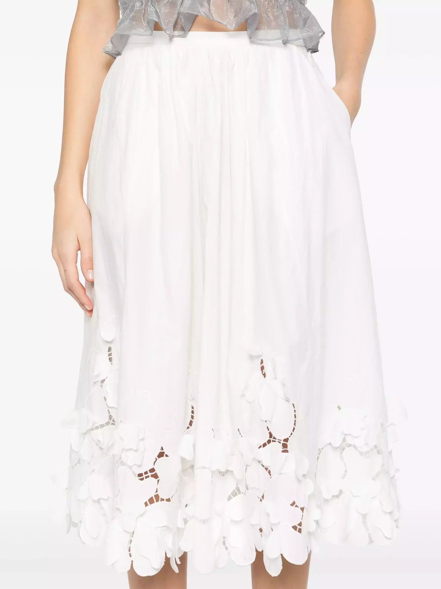 Floral-Embroidered Midi Skirt in White - Skirts