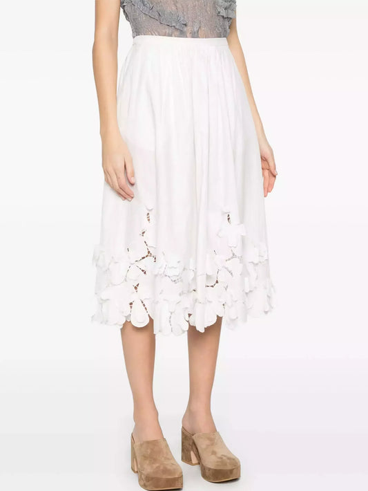 Floral-Embroidered Midi Skirt in White - Skirts