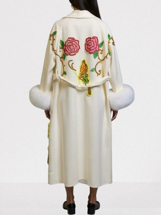 Floral-Embroidered Oversize Wool Coat with Fur Cuffs - Coats